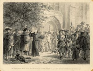 Engraving of the scene at Wittenberg after Luther nailed his 95 Theses to the door.