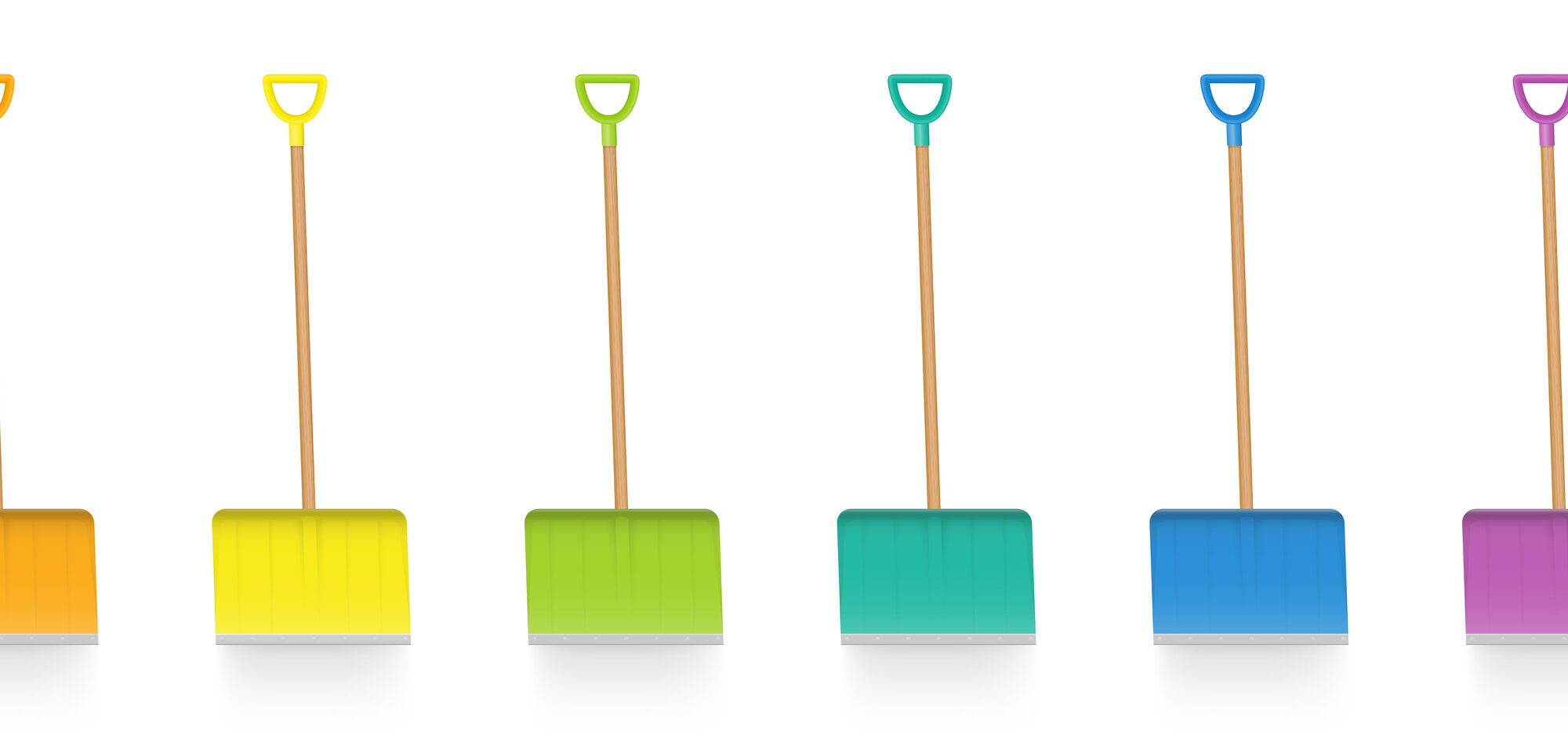 An illustration showing a line of colorful snow shovels